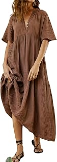 R.Vivimos Womens Summer Cotton Flowy Maxi Dress Short Sleeve V Neck Empire Waist Boho Tiered Ruffle Casual Loose Long Dresses
