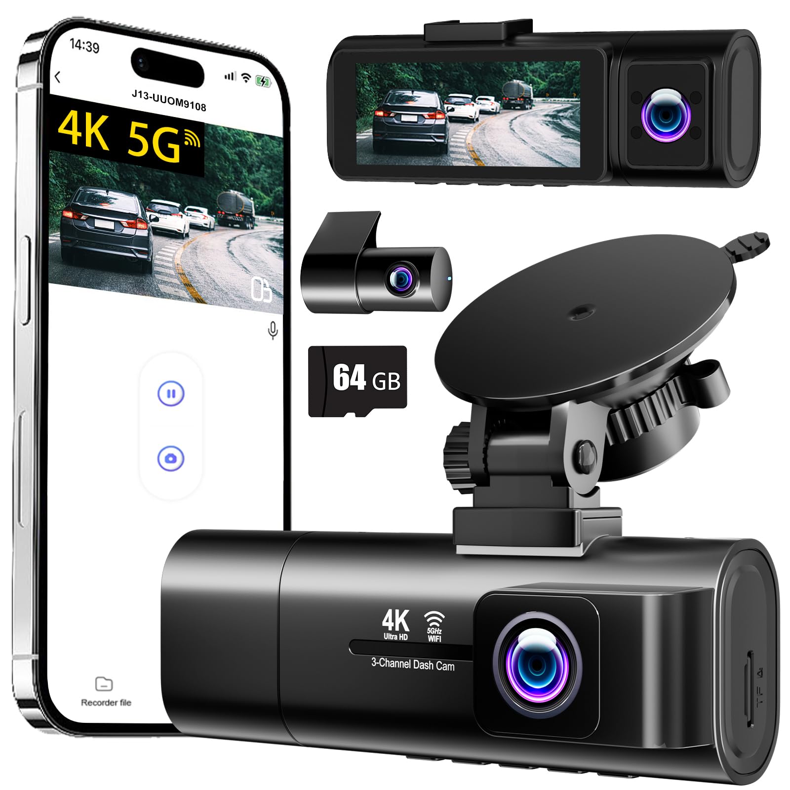 4K Dash Cam Front and Rear Inside,3.16" IPS,3 Channel Dash Cam for Car with 5G W