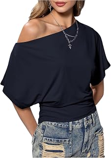 SweatyRocks Womens Off Shoulder Ruffled Dolman Short Sleeve Trendy Casual T-Shirt Top