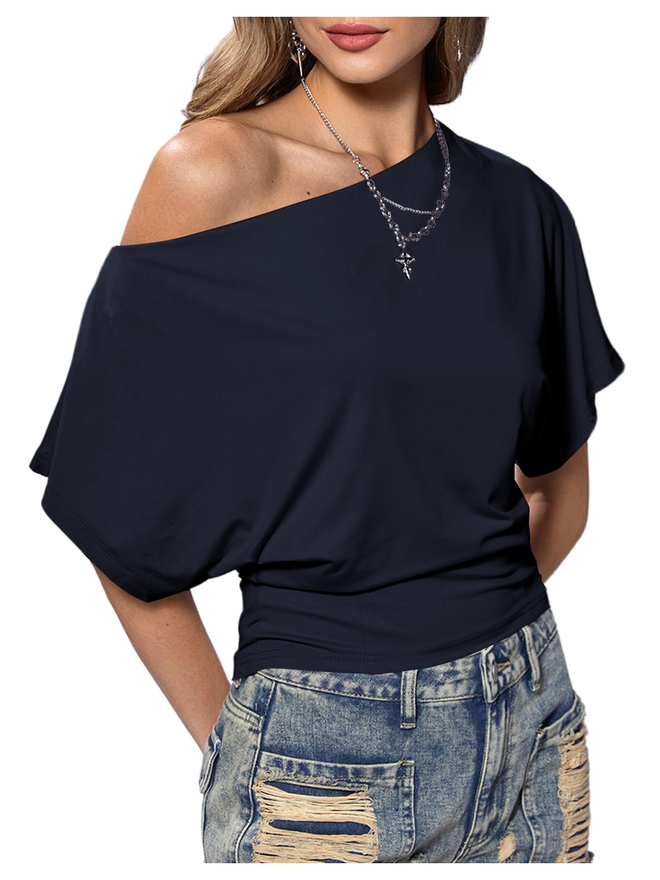 SweatyRocks Womens Off Shoulder Ruffled Dolman Short Sleeve Trendy Casual T-Shir