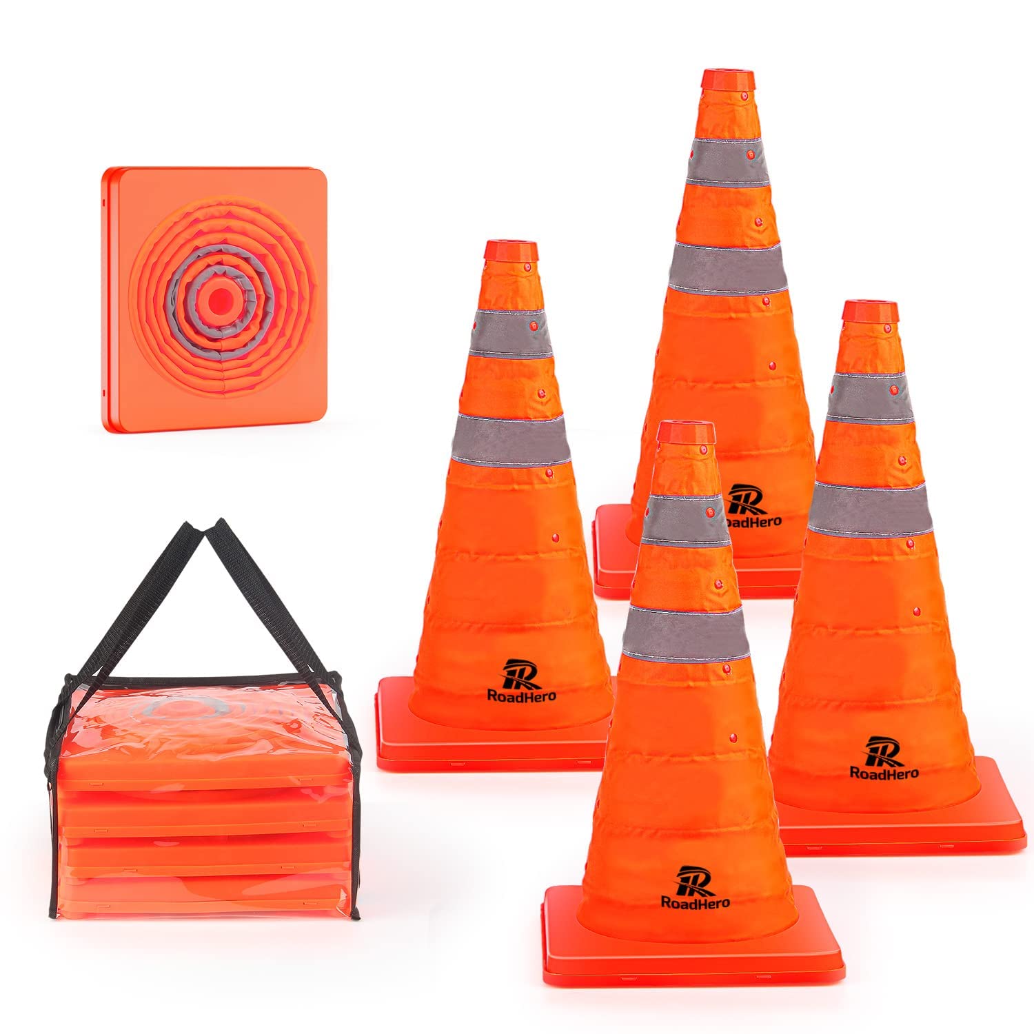 RoadHero 18 Inch 4 Pack Collapsible Traffic Safety Cones with Bag, Orange | Fold