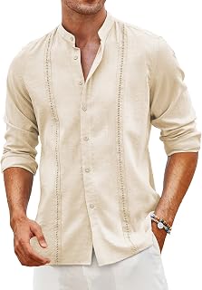 Coofandy Camisas de Guayabera Cubana para Hombre, Estilo Casual, de Manga Larga, con Botones, Cuello de Banda, Camisas de Playa de Verano