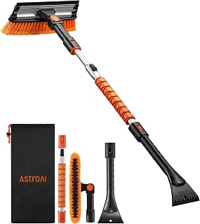 AstroAI 46" Extendable 3-in-1 Snow Brush &amp; Ice Scrapers for Car Windshield | Snow Removers with Squeegee, 180° Pivot Head, No-Scratch Bristles, Comfort Grip, Storage Bag for All Vehicle Models (Orange)