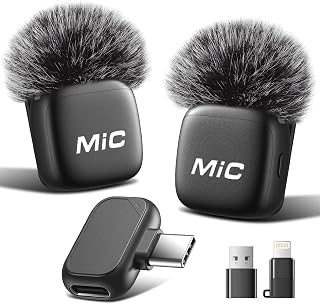 WARM BOX 2-Pack Mini Wireless Lavalier Microphone for iPhone, iPad, Android and PC, Clip-On Mic with Noise Reduction, Auto Pairing, Mute and Reverb, USB-C Receiver, Lightning and USB-A Adapters