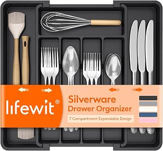 Lifewit Expandable Silverware Drawer Organizer, Kitchen Utensil Tray | BPA-free Plastic Flatware Cutlery Holder, Space-Saving Storage for Spoons Forks Knives, 8-13.8 x 11.2 x 1.4“, Black