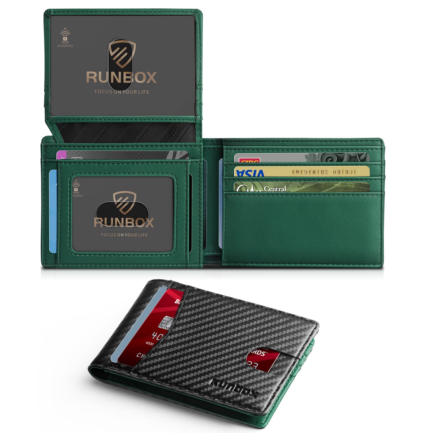 RUNBOX Wallet for Men Slim RFID Leather 2 ID Window with Gift Box