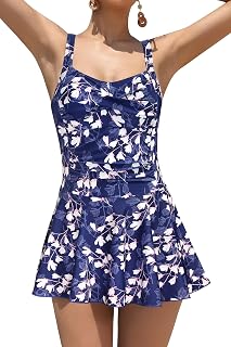 SHEKINI Femme Maillot de Bain 1 Pièce avec Jupette Vintage Ruched Abdominal Contrôle Rembourré Maillots Une Pièce Robe de Plage Swimsuit