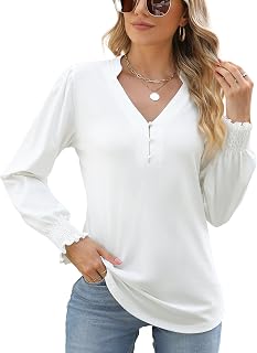Rapbin Women V Neck Blouses Long Sleeve Button Down Long Sleeve Blouses Autumn Tops 2025 Ruffle Cuffs Elegant Casual T Shirts