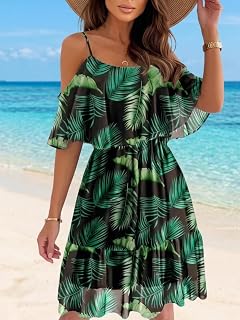 Women Off Shoulder Floral Ruffle Hem Spaghetti Straps Summer Beach Casual Dress