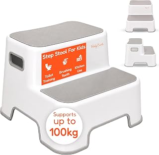 Babycurls Childrens Double Step Stool – Non-Slip 2 Step Up for Toddlers with Handles, Sturdy for Kids Potty Training, Bathroom & Kitchen Use – Supports up to 100kg