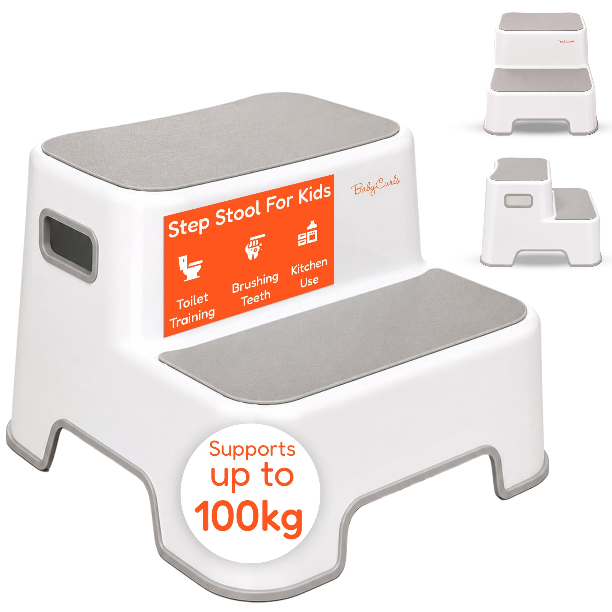 Babycurls Childrens Double Step Stool – Non-Slip 2 Step Up for Toddlers with Han