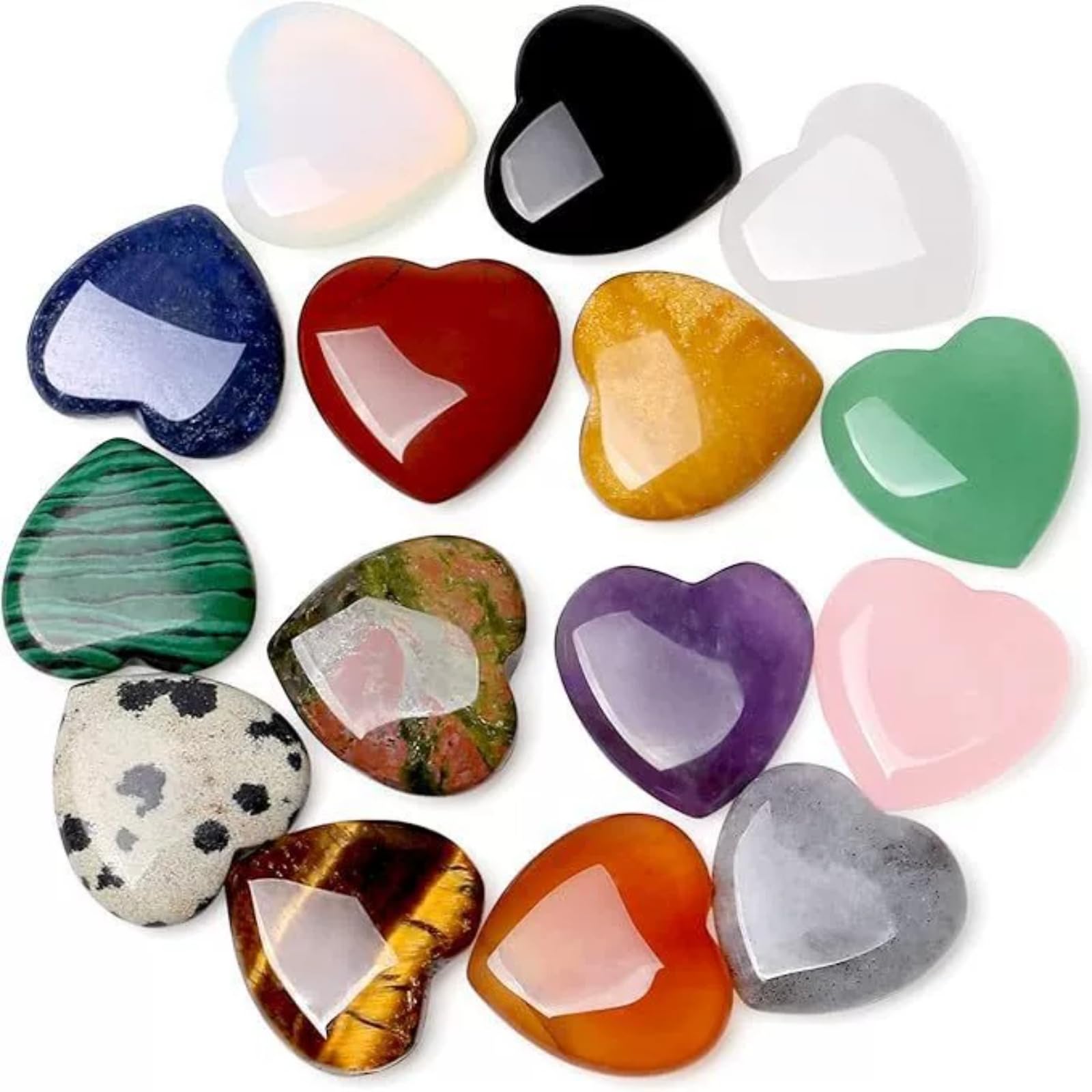 Set of 15 Natural Crystal Hearts, Shiny Healing Stones Mixed Color Chakra Balanc