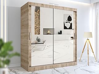 RAC3 Wardrobes for Bedroom with Mirrored Sliding Door & LED Light Premium Wardrobe Storage with Sleek Design comes in Colours Black/White/Grey/Oak- Different Sizes from 120cm - 250cm (Oak, 203cm)
