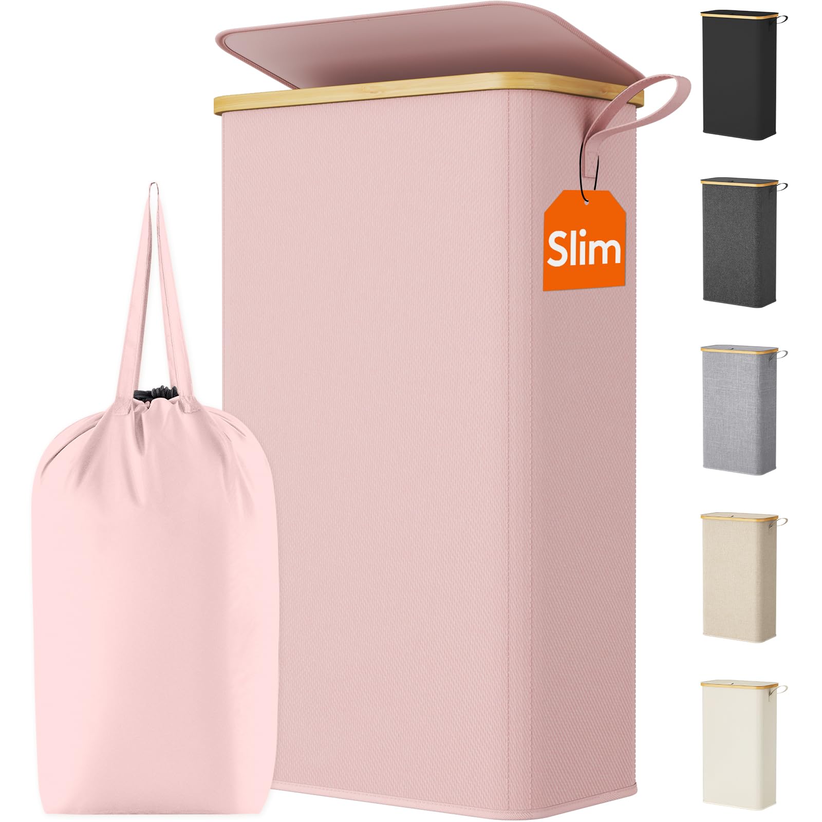 Lifewit 75L Slim Laundry Basket with Lid, Narrow, Removable Bag, Pink