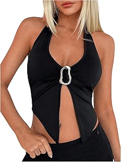 OYOANGLE Women's Halter Deep V Neck Slit Tank Top Sleeveless Crop Rave Tops
