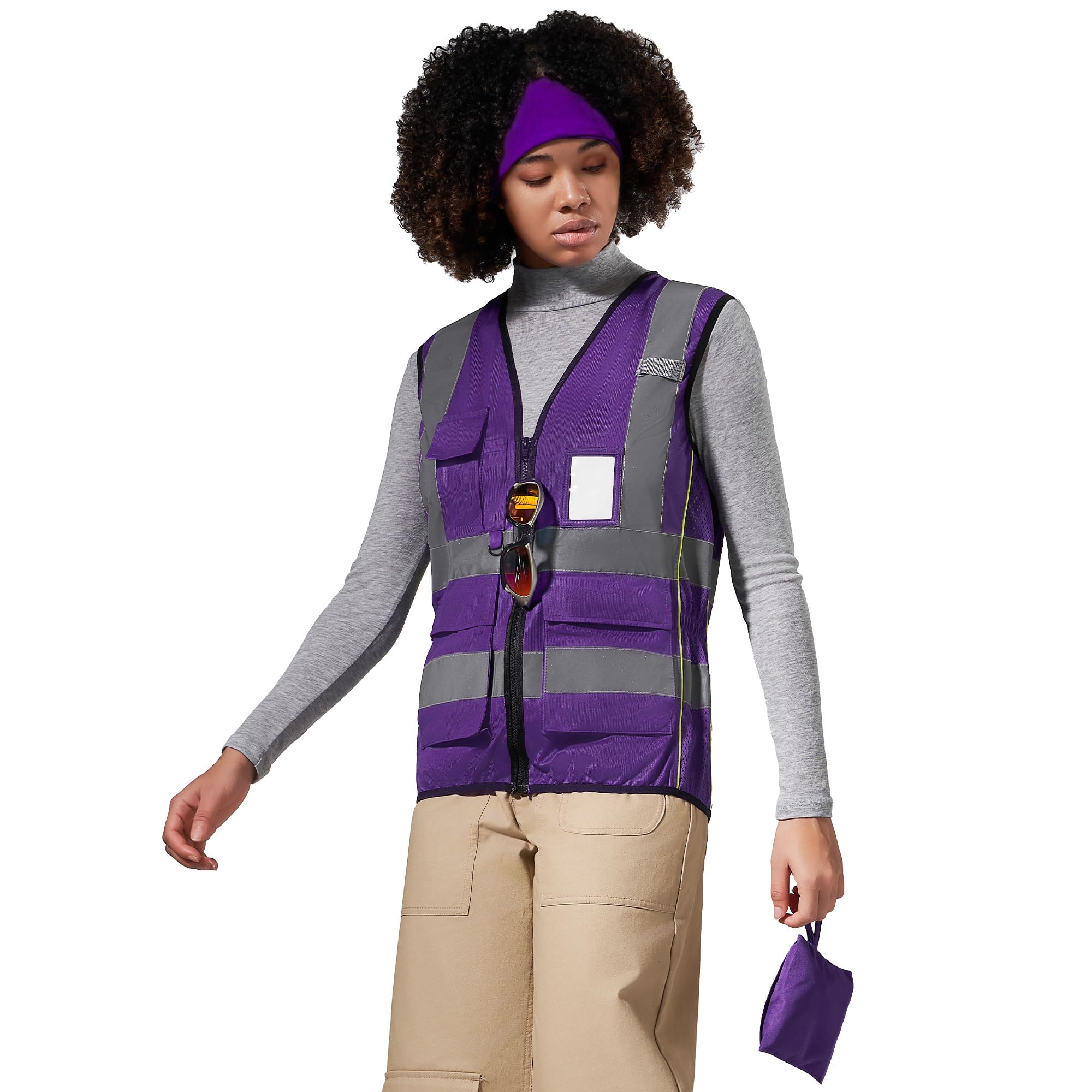 AYKRM Women Safety Vest Zipper With Pockets High Visibility Reflective Warning V