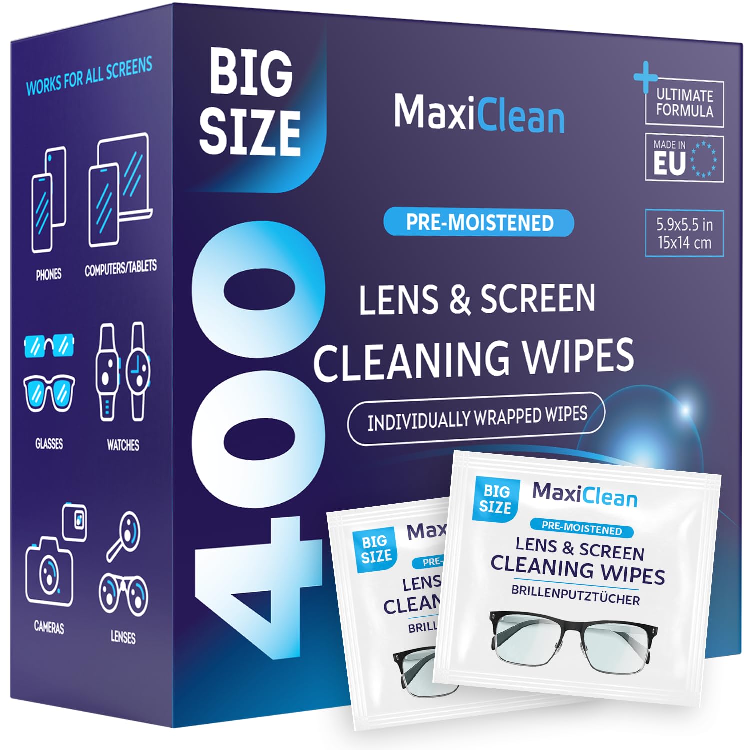 Glasses Wipes Lens Cleaner - Lens Wipes for Eyeglasses - 400 Pre-moistened Indiv