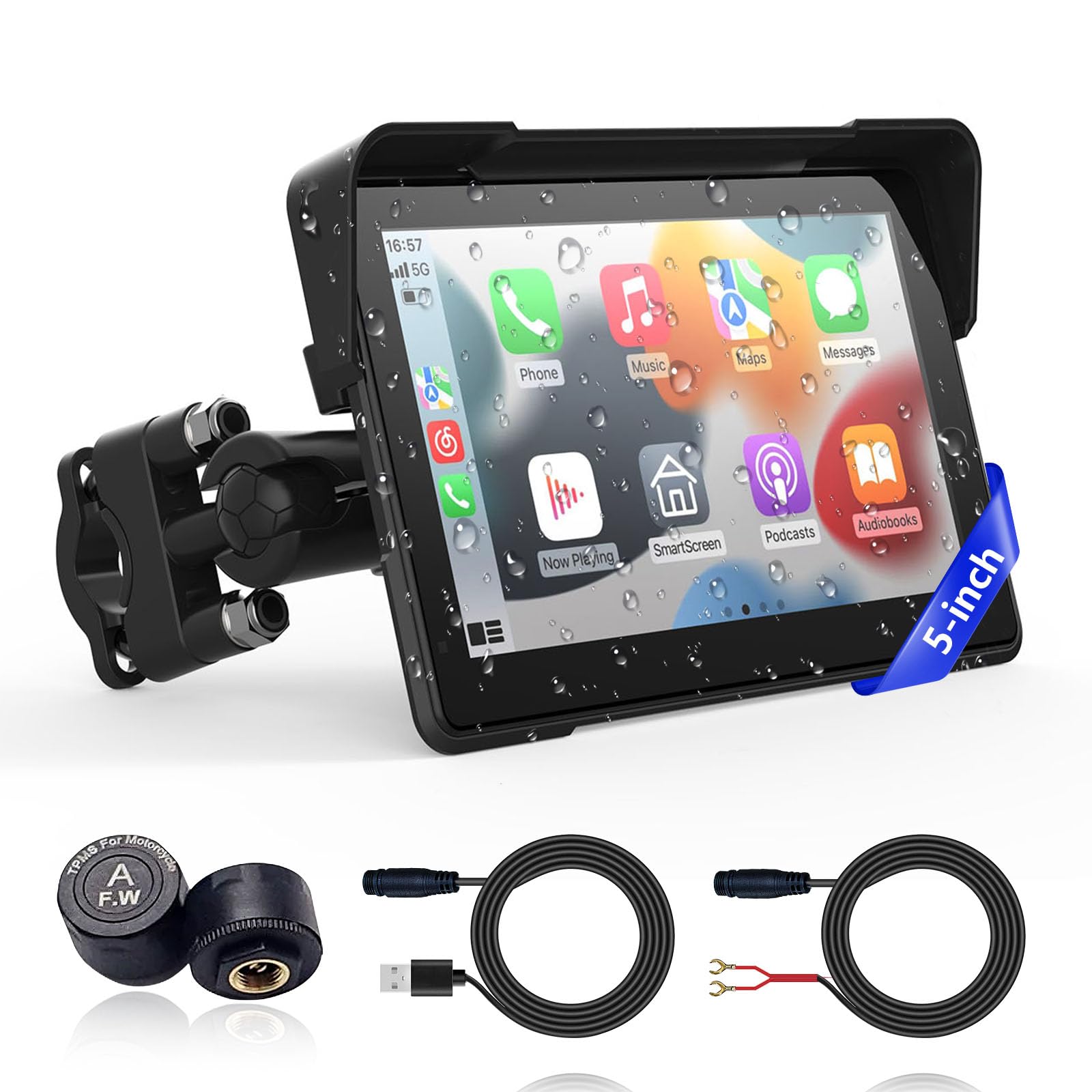Wireless Motorcycle Apple Carplay,5 Inch Portable Motor GPS Navigation with Appl