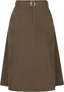 Allegra K Women's High Waist Elastic A-Line Belted Midi Corduroy Skirt