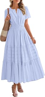 BTFBM Women Summer 2025 Casual Lightweight Short Sleeve V Neck Elastic Waist Boho Beach Dress Pockets