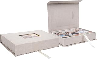 Hiwhy Linen Photo Keeper Box 5x7 in, Clear Window Beige | Magnetic closure storage, holds 5x7 photos, memory keepsake for wedding baby gift, sturdy organizer