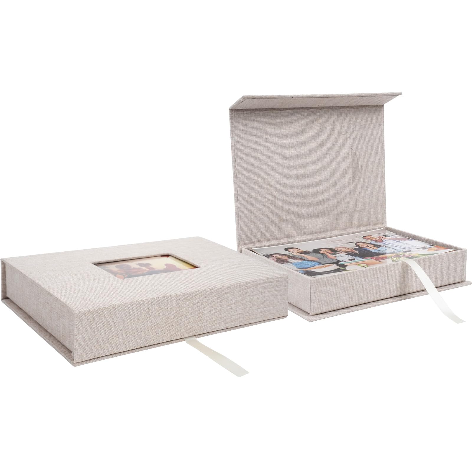 Hiwhy Linen Photo Keeper Box 5x7 in, Clear Window Beige | Magnetic closure stora