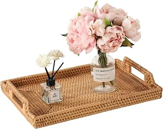 14.5'' Rattan Serving Tray Rectangle with Handles, Vintage Wicker Table Tray for Decor, Boho Hand Woven Seagrass Coffee Table Basket Tray for Ottoman, Breakfast, Bathroom, Outdoor