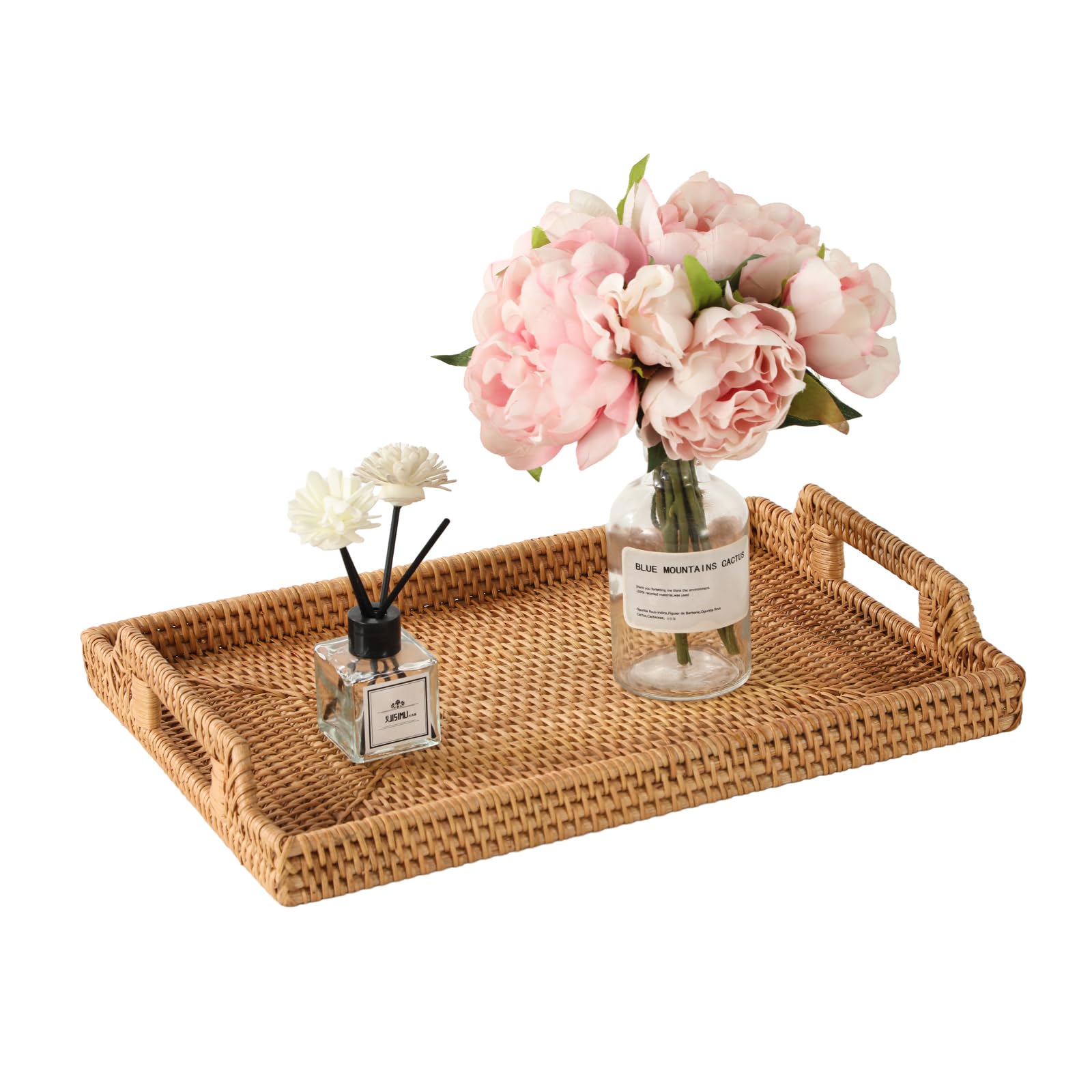 14.5'' Rattan Serving Tray Rectangle with Handles, Vintage Wicker Table Tray for