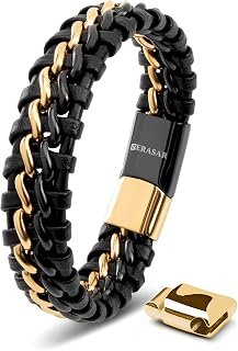SERASAR Genuine Leather Bracelet [Steel] for Men, Black