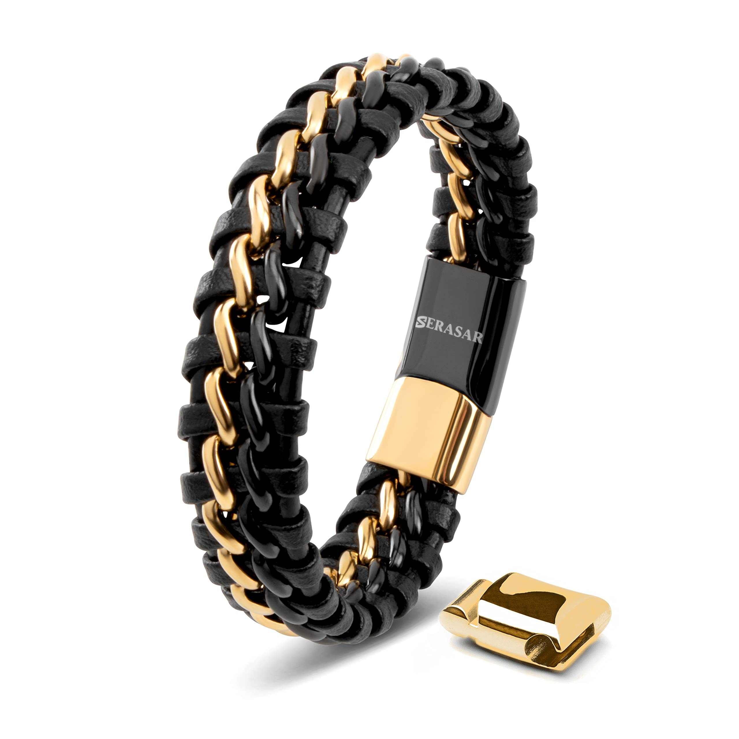 SERASAR Genuine Leather Bracelet [Steel] for Men, Black