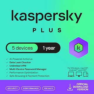 Kaspersky Plus Internet Security 2026 | 5 Devices | 1 Year | Anti-Phishing and Firewall | Unlimited VPN | Password Manager | Online Banking Protection | PC/Mac/Mobile | UK Online Code