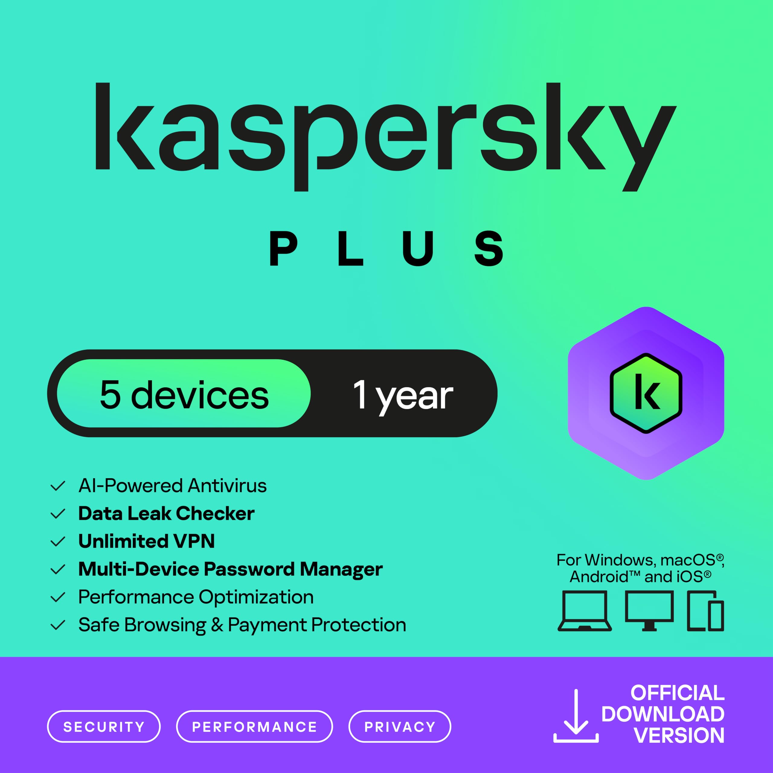 Kaspersky Plus Internet Security 2026 | 5 Devices | 1 Year | Anti-Phishing and F