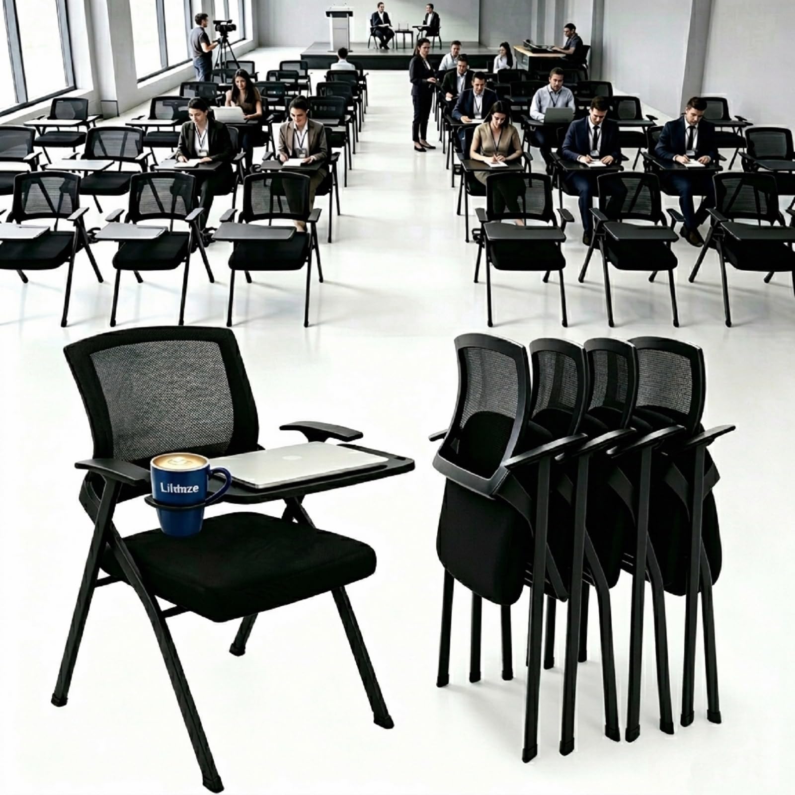 10Pack Folding Training Chairs with Desk Attached, Nesting Conference Chair
