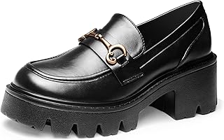 Black Platform Loafers for Women, Chunky Heel Dress Shoes for Work