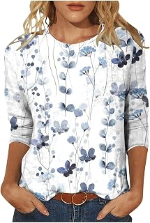 Blouses for Women Dressy Casual 3/4 Sleeve Printed Crewneck Tunic Shirts Loose Comfy Three Quarter Sleeve Blouses