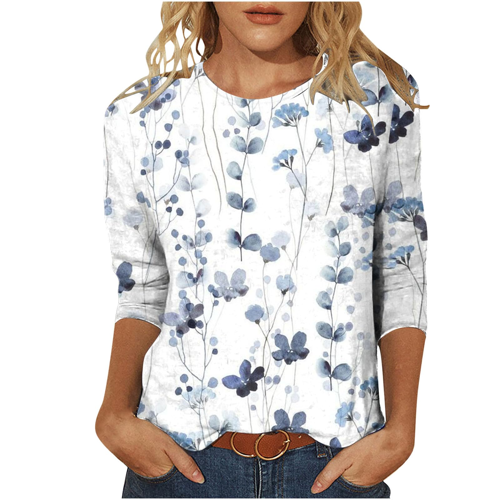 Blouses for Women Dressy Casual 3/4 Sleeve Printed Crewneck Tunic Shirts Loose C