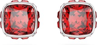 Swarovski Birthstone Stud Earrings Square Cut January Red Rhodium Plated, Crystal, No Gemstone