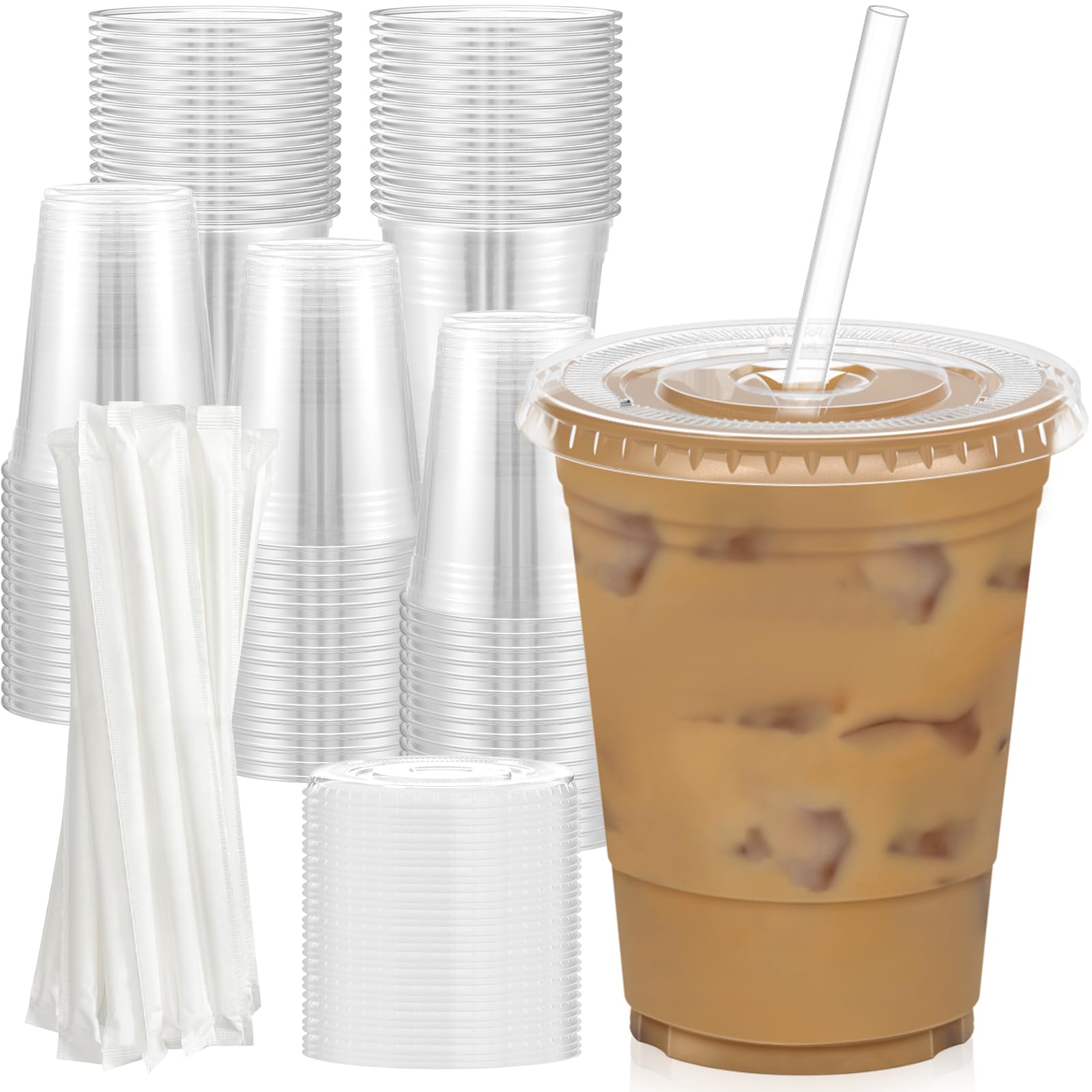 Dealusy 100 Pack - 16 oz Clear Plastic Cups with Lids and Straws | Sturdy & Food