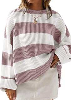 ZESICA Womens Fall Winter Oversized Striped Knit Sweaters Fashion Clothes