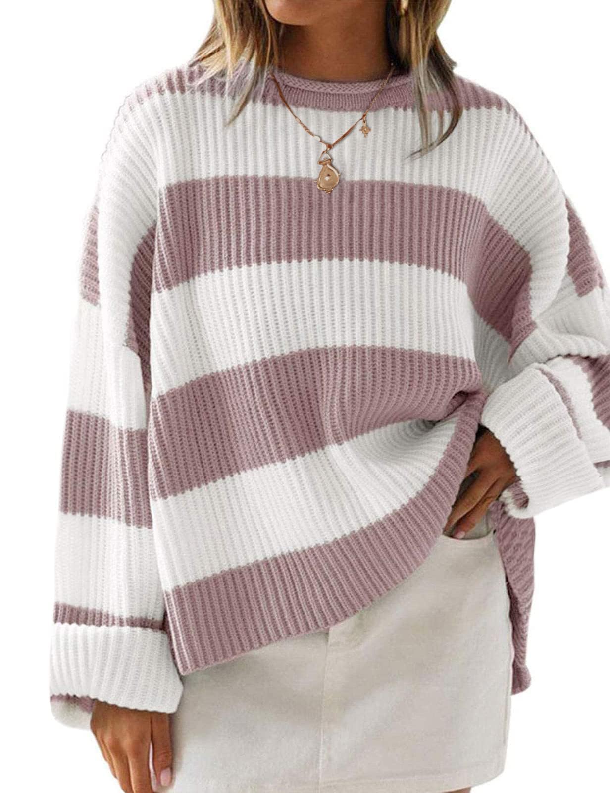 ZESICA Womens Fall Winter Oversized Striped Knit Sweaters Fashion Clothes
