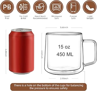 CNGLASS 450ML Glass Coffee Mugs, Double Wall Insulated Glass Mugs with Handle,Clear Espresso Mugs for Latte,Cappuccino,Tea Bag,Set of 4