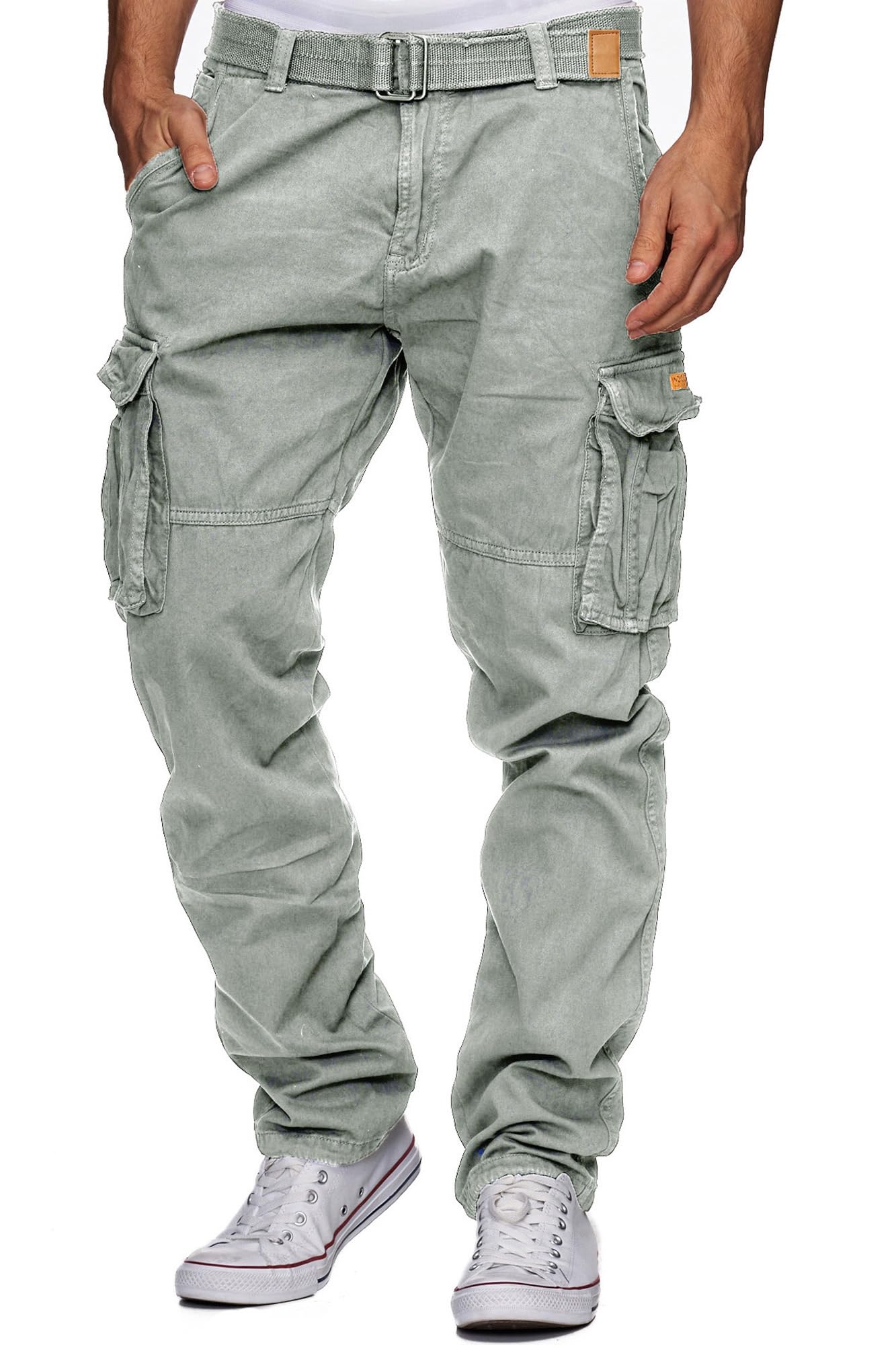 Indicode William Men's Cotton Cargo Pants with 7 Pockets and Belt Outdoor Pants