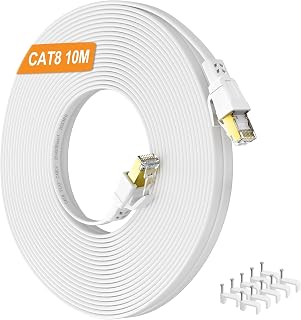 Cat 8 Ethernet Cable 10M, High Speed White Internet Cable 40Gbps 2000MHz Gigabit FTP Shielded, Flat Outdoor Indoor Lan Cable 10m Cat8 RJ45 Network Patch Cord for PS4/5, Xbox, Modem, Router, Switch