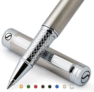 Scriveiner Stainless Steel Rollerball Pen - Stunning Metallic Pen with Silver Chrome Finish, Schmidt Ink Refill, Luxurious Roller Ball Pen Gift Set for Men and Women
