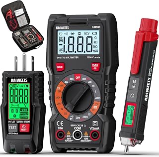 KAIWEETS Electrical Test Kit, Digital Multimeter, Voltage and Outlet Tester | 3-Piece, Non Contact Voltage Tester, GFCI Tester, Smart LCD Display, Includes Carrying Case, Batteries and Leads for Home DIY