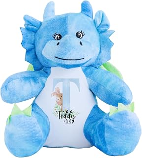 Crafted Memories - Personalised Dragon Bear | Plush Soft Toy for Baby Showers & Christening | Whimsical Keepsake | Baby Girl 1st Birthday | Blue Letters