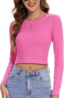 Crew Neck Long Sleeve Crop Tops for Woman Workout Basics Fitted Cute Tshirts for Teen Girl Y2k Casual 2026 (XXXS-L)