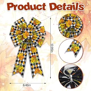 2pcs Autumn Wreath Bows, Black White Buffalo Check Ribbon Wreath Farmhouse Bow for Entryway Autumn Maple Leaf Sunflower Tree Topper Ribbon Thanksgiving Wall Decor Home Indoor Outdoor Decoration