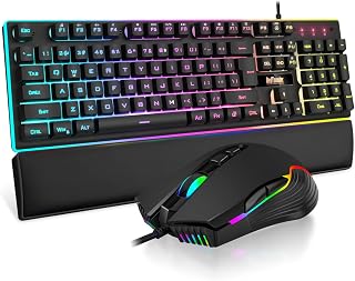 RedThunder K10 Wired Gaming Keyboard and Mouse and Wrist Rest Combo, RGB Backlit, Anti-ghosting Keyboard + 7D 7200 DPI Mice+Soft Leather Wrist Rest 3 in 1 PC Gamer Accessories(Black)