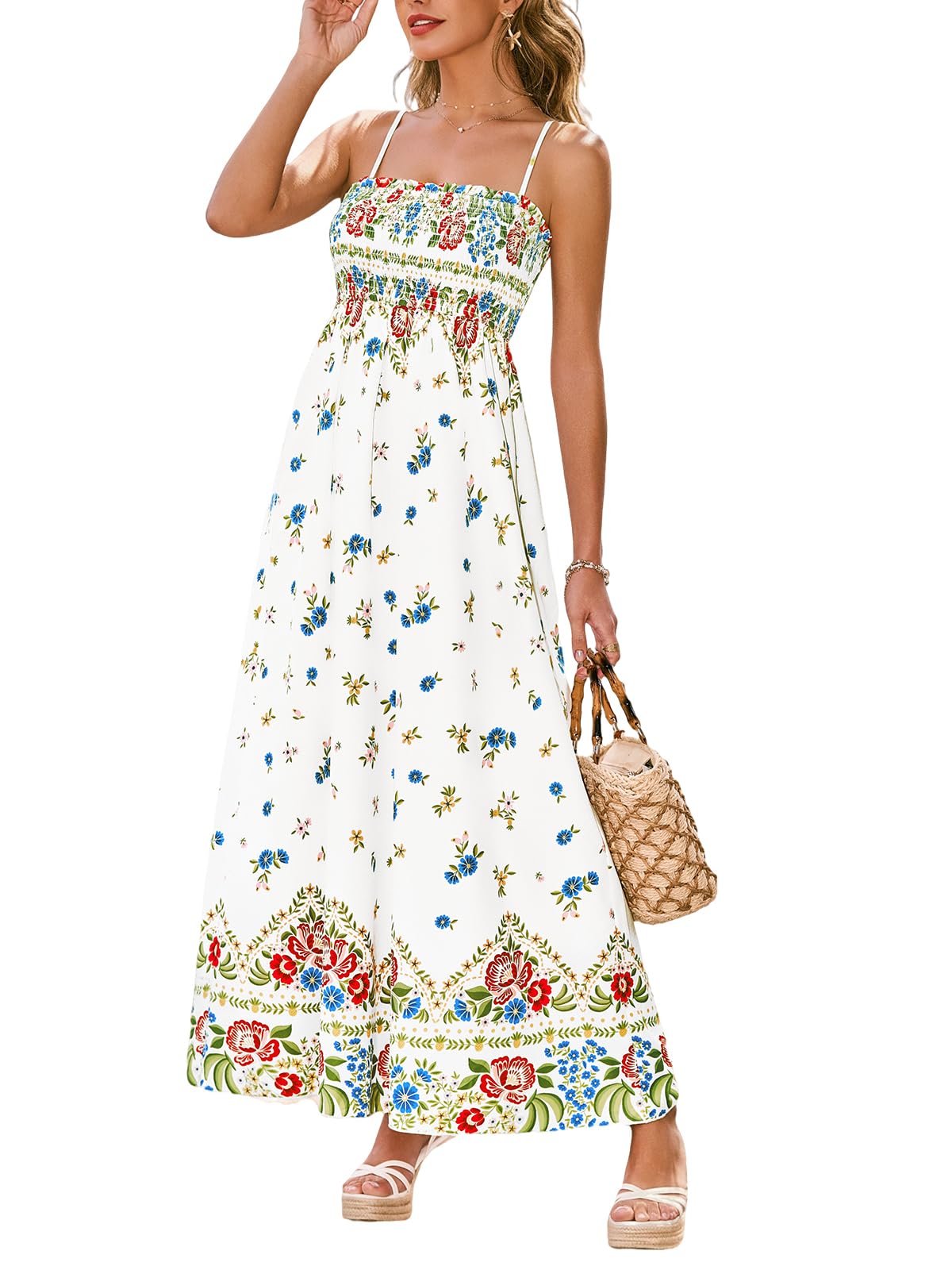 CUPSHE Women's Maxi Dress Ditsy Floral Sleeveless Smocked Ruffled Spaghetti Stra